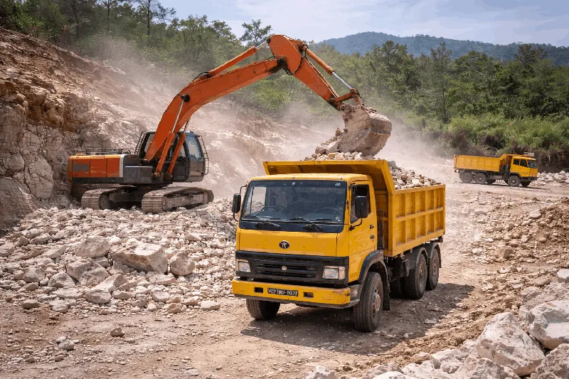 Excavator loading quartz rocks